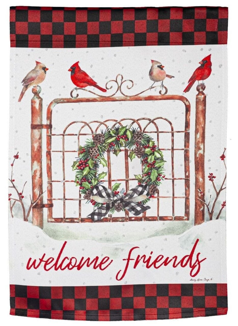 Welcome Friends Cardinal Fence Winter Garden Flag 2 Sided Decorative